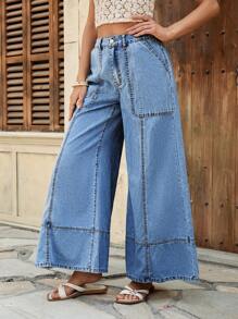 EMERY ROSE Mature Denim 女士宽松阔腿度假休闲牛仔裤夏季女士度假女士音乐会女士波西米亚风女士宽松裤波西米亚风裤子 - 淺色水洗藍 - 查看 6