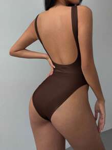 SHEIN BASICS Casual Solid Color Knitted Backless Bodysuit For Women Summer Outfit For Women - Brown - View 4