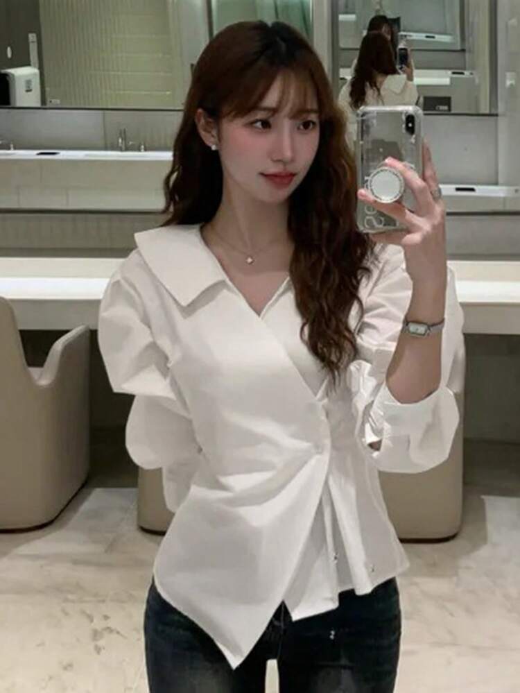 Asymmetric Design Collar Long Sleeve Blouse For Women