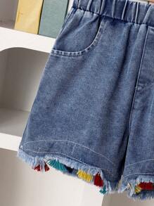 Set de 2 piezas para niña joven que incluye top sin mangas beige cómodo y shorts de mezclilla azules con bordado rosa y flecos, conjunto de verano lindo - Albaricoque - Ver 7