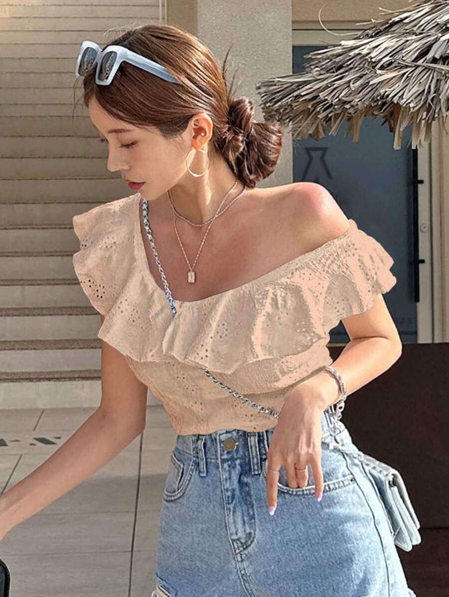 DAZY 女士纯色刺绣T恤,斜肩荷叶边下摆,露脐上衣,女士度假外出上衣 - 駝色 - 查看 1
