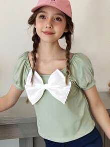 Wildeya Tween Girl T-Shirt, Casual Elegant Basic Green Knit Short Sleeve T-Shirt With Bow And Puff Sleeves, Snug Fit For Outdoor/Holiday Wear, Spring/Summer Young Girls Top