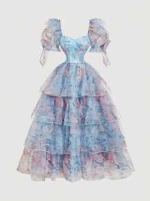 SHEIN MOD 蓝色花卉印花梦幻浪漫优雅欧根纱柔和连衣裙，带有分层褶边下摆和蝴蝶结装饰，适合约会、派对、节日、茶会、生日、女士复活节礼服、舞会礼服、夏季、女士度假服装、女士婚礼宾客礼服、女士正式礼服、毕业礼服、女士生日礼服 - 藍色 - 查看 2