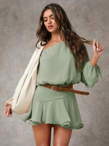 Vestido corto informal para mujer con cuello asimétrico, mangas farol y volante en el bajo, atuendo casual para brunch, vestidos de mujer para otoño, vestido para fiesta de té - verde menta - Ver 4