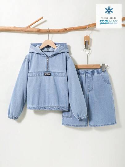 DENIMLY TWEEN BOY CASUAL PREPPY OUTDOORSY SPORTY COOL MAX BOMULL DENIM HOODIE TOP & CARGO DENIM SHORTS JEANS Tvådelad OUTFIT, med dragkedja och lappdetalj,.