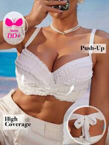 Swim DD+ DD+ Cup Size Women Swimwear Top, White Textured Fabric With Cross-Front Strap Design, Underwire Support, Suitable For Beach, Vacation, Swimming, For Larger Bust - White - View 2