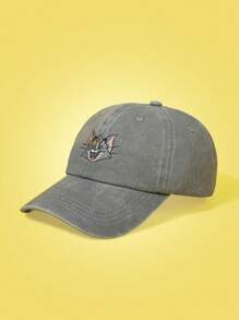 TOM & JERRY X SHEIN Cartoon Cat Embroidered Washed Gray Baseball Cap - Grey - View 3