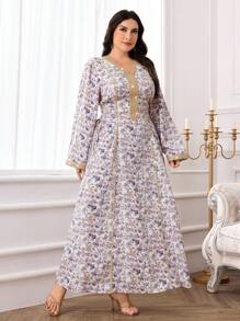 Al Najma فستان عربي طويل الأكمام للنساء ذوات الحجم الكبير، مزين بطبعات نباتية مع شرائط، محتشم - متعدد الألوان - مشاهدة 6