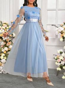 SHEIN Lady 情人节/新年派对/适合日常工作穿着/四季皆宜的米色蕾丝立体花朵拼布婚纱优雅女式长裙 - 淺藍色 - 查看 5