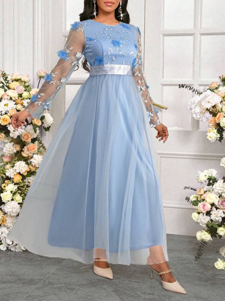 shein light blue dress SHEIN Women's Light Blue Formal Midi Dress Square Neck Puff Sleeve A-Line  Geometric Floral Jacquard Vacation Partywear
