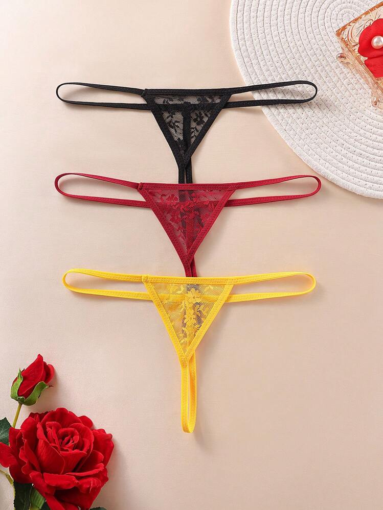 SHEIN 3 قطع مجموعات ملابس داخلية نسائية مزخرفة بالورود والدانتيل' - متعدد الألوان - مشاهدة 1