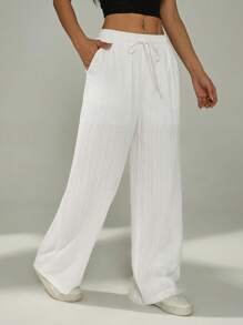 SHEIN PETITE Women Solid Color Waist-Tie Pockets Straight-Leg Pants,Business Casual Woman
