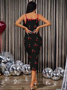 INAWLY Solva Abito da donna casual, stile resort, sfondo nero, con applicazioni tridimensionali a forma di ciliegie, semplice, sottile, con collo alto