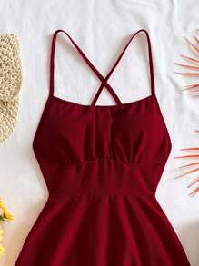 Soleia Sexy Red Cross Strap Backless Camisole Mini Dress - Burgundy - View 6