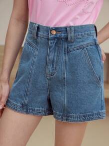 MOTF STUDIO SLANT POCKET BUTTON DENIM SHORTS - Blue - View 5
