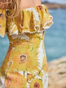 MOTF PREMIUM WOMEN'S LINEN FLORAL PRINT OFF SHOULDER MAXI DRESS, SUMMER VACATION - Multicolor - View 3