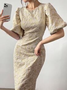 Modelyn Women Lantern Sleeve Solid Color Simple And Elegant Dress Maxi Women Outfit - Apricot - View 6