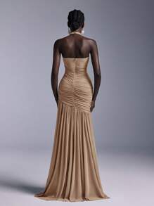 SHEIN Belle Elegant High Neck Floral Bodice Ruched Mesh Sheer Fishtail Bridesmaid Dress - Khaki - View 2