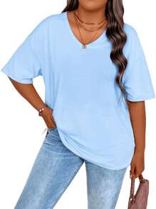 EMERY ROSE 大码纯色半袖 T 恤，夏季休闲 V 领 T 恤，女士大码服装图案 T 恤女式上衣 - 淺藍色 - 查看 1