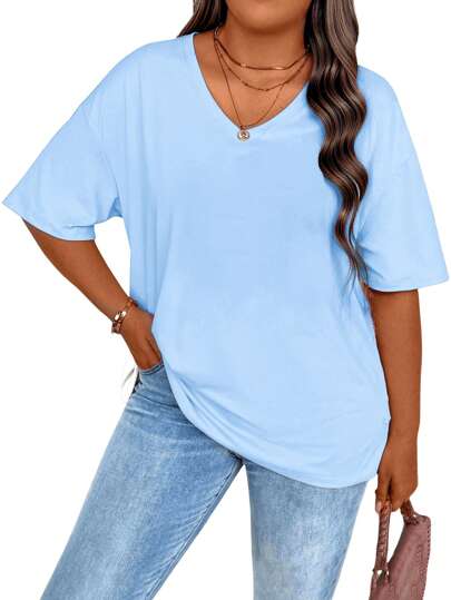 EMERY ROSE Plus Size Solid T-Shirt med halv ärm, Casual V-ringad T-shirt för sommaren, Dam Kläder i Plus Size Grafiska T-shirts Dam Toppar