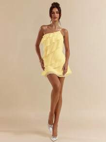 SHEIN BAE Abito corto color albicocca con strati e foglia di loto, adatto per uscite giornaliere, serate, discoteche, feste, ritrovi, cocktail party, feste in piscina, vestiti per il ritorno a scuola, abiti per la stagione scolastica, abiti da vacanza, vestiti per festival musicali, festival di musica country, abbigliamento da concerto