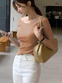 DAZY Women's Fitted Crew Neck Short Sleeve Elegant T-Shirt, Grey, Spring/Summer,Business Casual Women