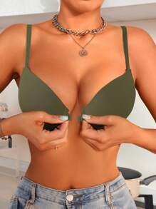 1pc Women's Simple & Fashionable Wire Bra, Suitable For Summer - Olive Green - View 1