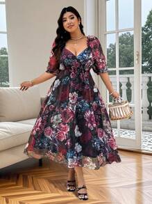 SHEIN LUNE V-Neck Organza Printed Loose Short Sleeve Plus Size Women Vacation Dress, Spring/Summer - Multicolor - View 7