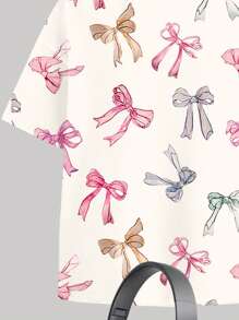 Emery Rose Kids Emery Rose Kids 2 件套 Tween 女童休闲蝴蝶结设计宽松短袖 T 恤和短裤，夏季服装 - 彩色 - 查看 4