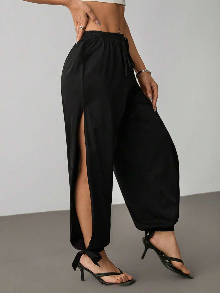SHEIN PETITE Pantalones harem de cintura alta de unicolor con recortes para mujer - Negro - Ver 1