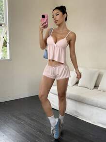 SHEIN Unity 2pcs Casual Set - Lace Trim Knit Bra Top With Loose Hem & Tie-Waist Shorts With Lace Trim - Pink - View 6