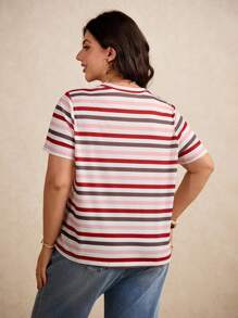Elaquor Plus Size Vacation Color Block Striped Casual Summer Short T-Shirt - Red - View 7