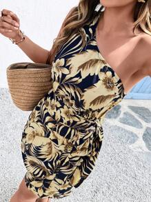 Breezaya Plus Size Tropical Print One Shoulder Knot Decor Wrap Hem Dress - Multicolor - View 6
