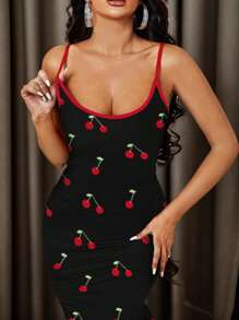 INAWLY Solva Abito da donna casual, stile resort, sfondo nero, con applicazioni tridimensionali a forma di ciliegie, semplice, sottile, con collo alto
