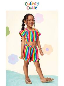 Young Girl Woven Striped Off Shoulder Cami Top With Ruffle Trim Shorts 2pcs Set - Multicolor - View 1