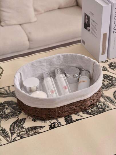 1PC收纳篮草编带衬布手工编织篮子内衣收纳篮玩具零食杂物桌面收纳盒