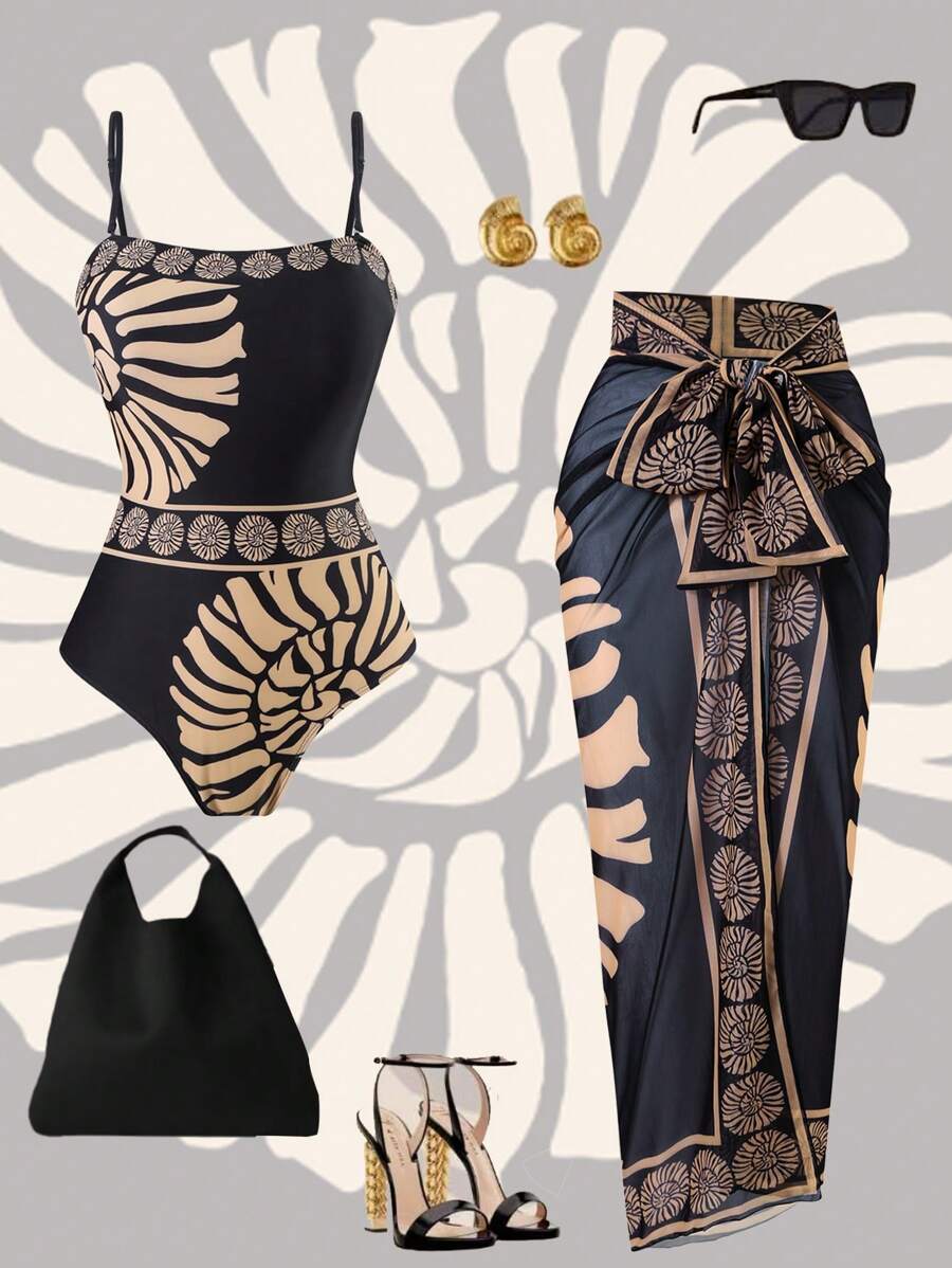 Swim Oasis 2pcs/Set 2025 New Women Two Pieces Printed Bandeau Swimsuit With Mesh Long Skirt, Beach Vacation Summer Casual Swimwear Set - Multicolor - View 1