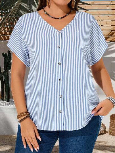 EMERY ROSE Plus Size Raglan Sleeve Holiday Striped Single-Breasted V-Neck Shirt Suitable For Spring And Summer Boho Women's Clothing Casual Tops For Women,Vacation