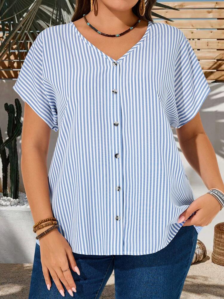Plus Size Raglan Sleeve Holiday Striped Single-Breasted V-Neck Shirt Suitable For Spring And Summer Boho Women's Clothing Casual Tops For Women,Vacation