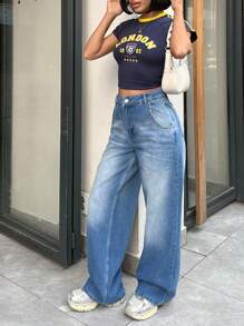 EURMUSE 女士高腰阔腿休闲蓝色牛仔裤 - 中等水洗藍 - 查看 5