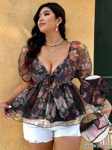 Breezaya Plus Size Women's Elegant & Romantic Organza Puff Sleeve Regular Fit Blouse - Pink - View 4