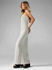 MISSGUIDED Strapless Bandeau Ribbed Jersey Maxi Dress Form Fitting Striped Long Summer Evening Party Holiday Dress - Blue and White - View 5