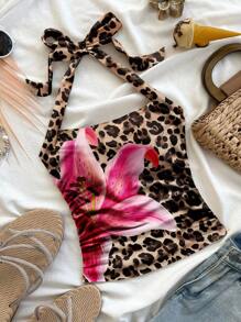 Soleia Tricot alb cu imprimeu leopard, crin și hibiscus, tricotat cu spate curse, potrivit pentru femei, vacanță la plajă, potrivit pentru vară