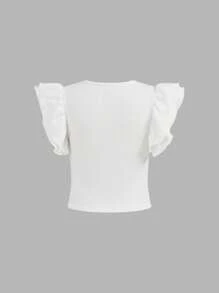 SHEIN Tween Girls' Cute Elegant Round Neck Form-Fitting Double Layer Ruffle Cap Sleeve Top - White - View 2