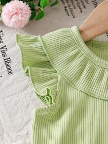 Baby Girl's Korean Fashion Round Neck Floral Ruffle Half Sleeve Knit Solid Rib Top, Summer