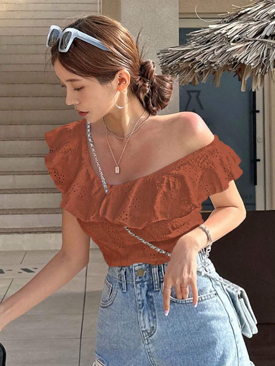 DAZY Women Asymmetrical Neck Ruffled Hollow-Out Embroidery T-Shirt, Summer,Crop Tops Women Vacation Outfits Women - Burgundy - View 1
