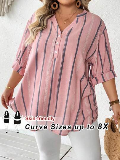 SHEIN CURVE+ 大码休闲条纹印花缺口领衬衫上衣波西米亚风度假