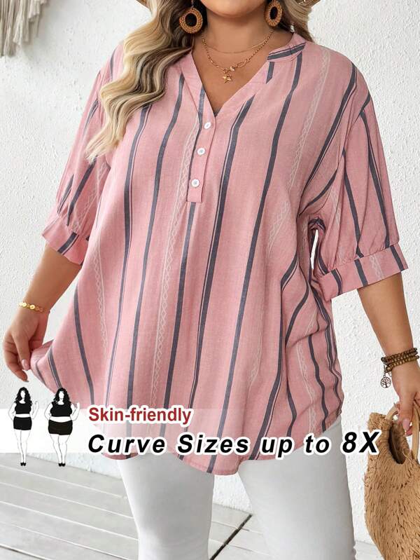 SHEIN CURVE+ Plus Size Casual Striped Print Notched Neck Blouse Top Boho Vacation