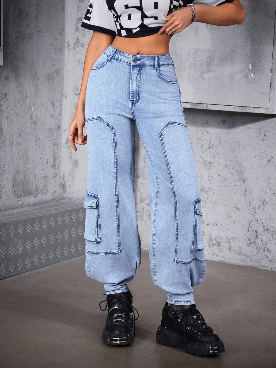 SHEIN ICON 女式休闲水洗卷边工装牛仔裤