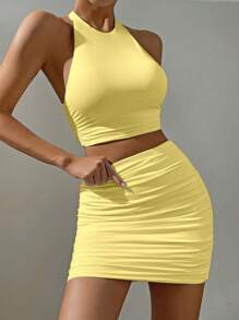 Allurite 2pcs Women Solid Color Sleeveless Top And Mini Skirt Set, Minimalist Style Suitable For Summer, Women 2 Pieces Outfits Women Summer Clothes Summer Women Two Pieces Outfits Summer - Yellow - View 4